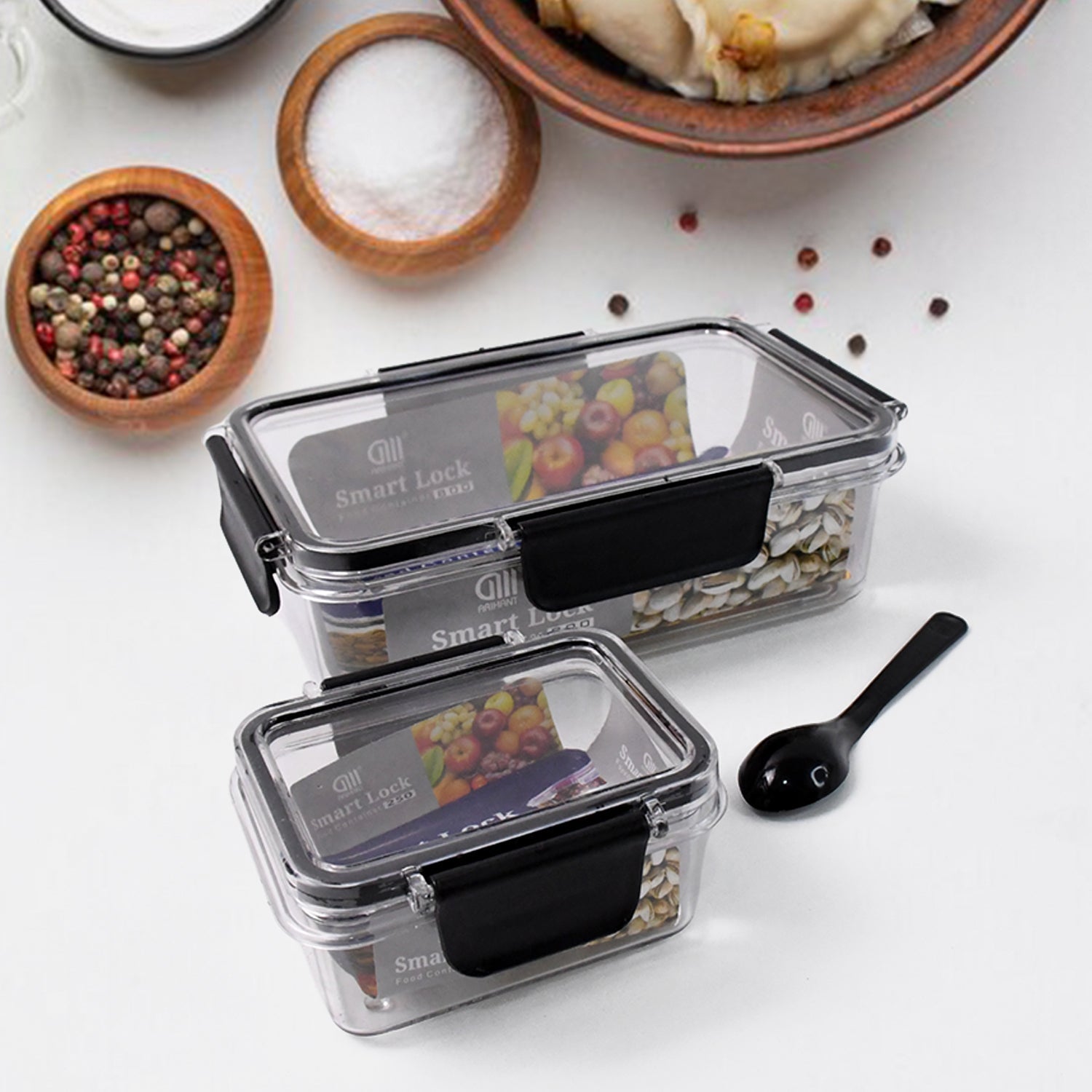 Plastic Kitchen Storage Container Big 800 ML & Small 250 ML with Air Seal Lock Lid & Spoon Plastic Kitchen Storage Container Big 800 ML & Small 250 ML with Air Seal Lock Lid & Spoon